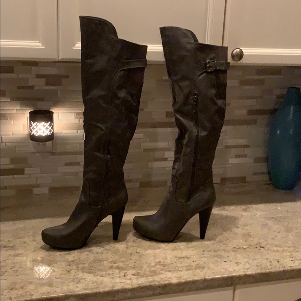 Gray knee high boots